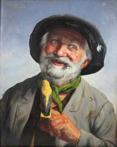 Fritz Müller (deutsch, 1879 - 1944), Portrait von älterem Mann mit Pirol, Öl a. Hartfaserplatte, ob.