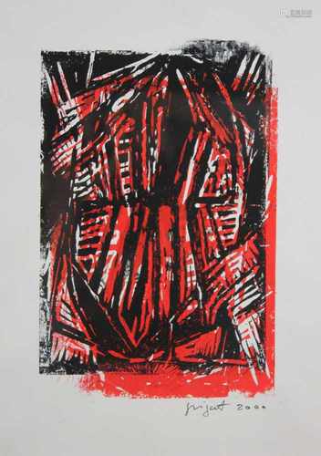 Abstraktion, 2000, Zweifarbige Lithographie, sign. und dat., Lichtmaße: 21 x 15 cm, Pass., verglast,