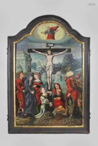 Antwerpener Meister, wohl Jan van Aachen, Kreuzigungsszene, Mittelbild des Triptychon, um 1530,