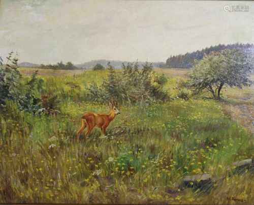Wilhelm Lorenz (1901 - 1981), Rotwild in sommerliche Landschaft, Öl a. Lwd. a. Karton, un. rechts