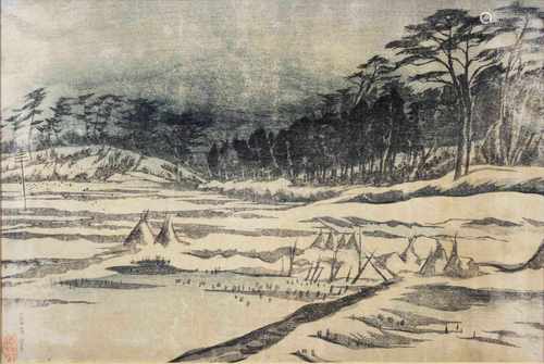 Japanischer Farbholzschnitt, Winterlandschaft, 19. Jh., Lichtmaße: 23 x 35 cm, Pass., verglast,