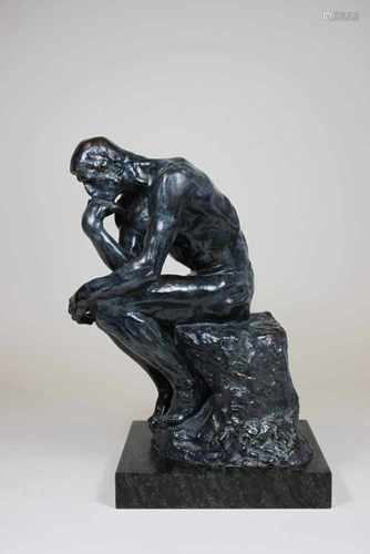 Der Denker, (Auguste Rodin, 1840 - 1917) Bronze, patiniert, auf Marmorsockel, sign. auf dem