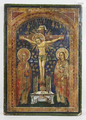 Kreuzigung Christi, Ikone, Balkan, Ende 18. Jh., Holztafel mit zwei Rückseitensponki, Tempera auf