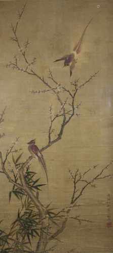 Japanisches Rollbild, Kakemono, Zwei Vögel und Sakura, sign., Darstellung: 102 x 46,5 cm, in