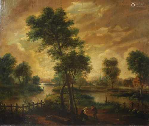 Flußlandschaft mit Personenstaffage, wohl Antwerpener Meister, Anf. 19 Jh., Öl auf Holz,
