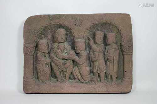 Sandsteinrelief, Anbetung der Könige, 20 Jh., Maße: 38 x 27 cm.