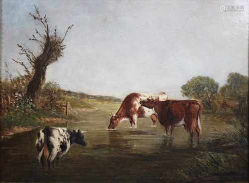 Kühe am Wasser, Öl auf Leinwand, 18./19. Jh., Maße: 30,5 x 41 cm, gerahmt: 38,5 x 48,5 cm, Rest.,