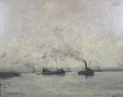 Wilhelm Hambüchen (1869 - 1939, Düsseldorfer Malschule), Boote vor Sonnenaufgang im Hafen Nieuwpoort