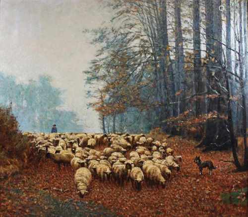 Hans Vilz (deutsch, 1902 - 1971), Hirte mit Schafherde im Herbstwald, Öl a. Lwd., un. rechts