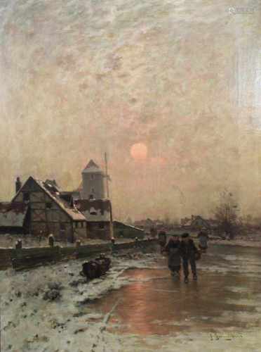 Johann Jungblut (1860 - 1912, Düsseldorfer Malschule), Winterabend, Öl auf Leinwand, un. rechts
