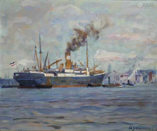Eduard Schloemann (1888 - 1940), Hafenansicht, Öl auf Karton, un. rechts sign., Maße: 37 x 44 cm,