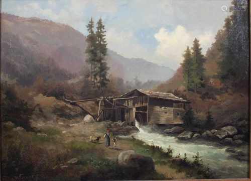 Emil von Ernst (deutsch, 1817 - 1905), Berglandschaft mit Wassermühle und Figurenstaffage, Öl a.