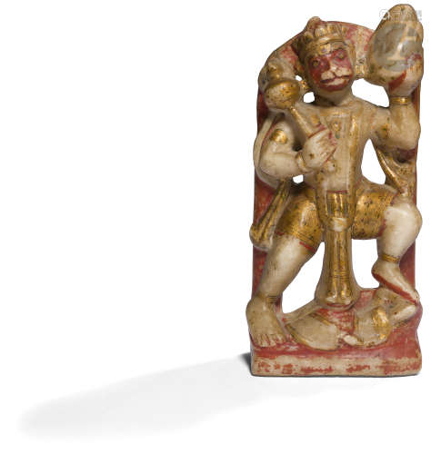 INDE - XVIIIe / XIXe siècle Groupe en albâtre sculptée polychrome, Hanuman debout, la jambe gauche