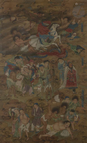 CHINE - XVIIIe / XIXe siècle Encre et couleurs sur soie représentant différentes scènes de l'enfer