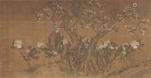 CHINE - XIXe siècle Encre et couleurs sur soie représentant des pivoines et un arbre de magnolia