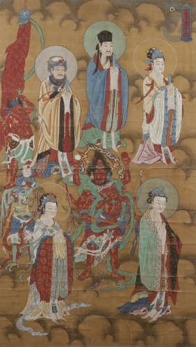 CHINE - XIXe siècle Encre et couleurs sur soie représentant des immortels taoïstes parmi des nuages.