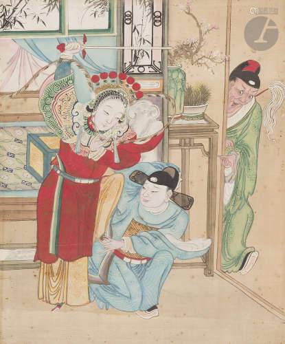 CHINE - Fin XIXe siècle Ensemble de six peintures chinoises, encre et couleurs sur soie,