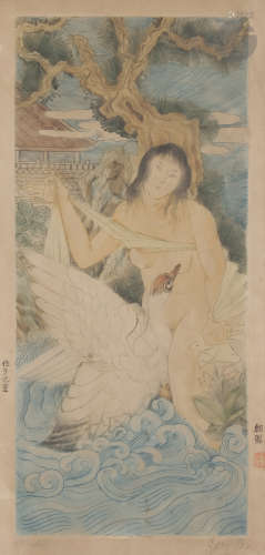 Léda et le cygne, la jeune femme s'abritant sous un pin Eau-forte. Signée Wei Chao Feng. 58,5 x 28