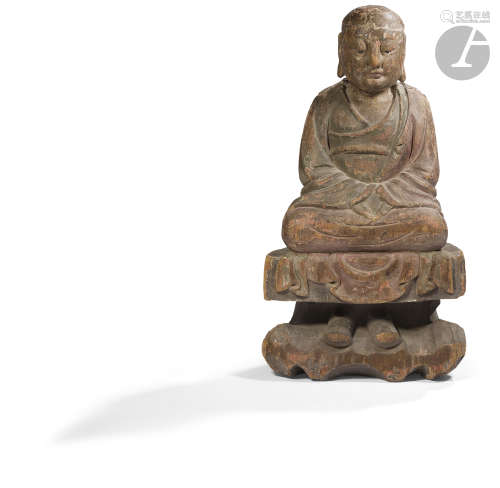 CHINE - XVIIIe / XIXe siècle Groupe en bois sculpté à traces de polychromie, statuette de moine