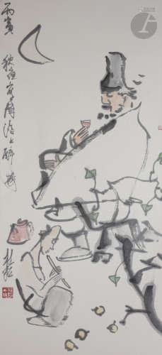 Zhang GUIMING (1939 - 2014) Homme buvant du thé pendant qu'une femme lui joue de la flûte Encre