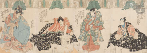 Utagawa Kuniyoshi (1798 - 1861) Quadriptyque oban tate-e représentant des acteurs de kabuki debout