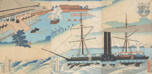 Utagawa Sadahide (1807 - 1878 ?) Triptyque oban tate-e, représentant un bateau à vapeur, la visite