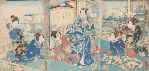 Toyohara Kunichika (1835 - 1900) Triptyque oban tate-e, samouraï et bijin dans un intérieur, la