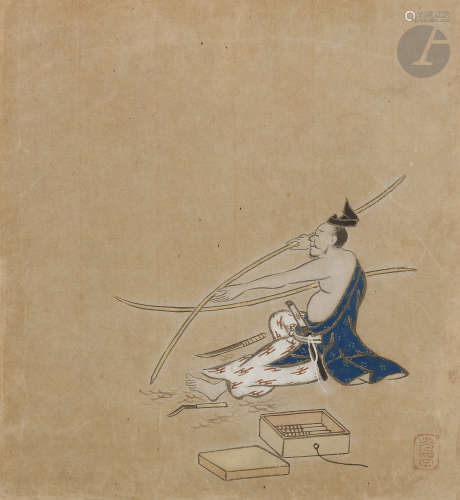 JAPON - XIXe siècle Artisan travaillant les lames. Encre et couleurs sur papier. Dim. à vue : 19,6 x