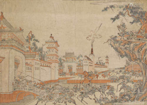 JAPON - XIXe siècle Oban yoko-e d'une série de Chushingura, les loyaux serviteurs, scène d'attaque