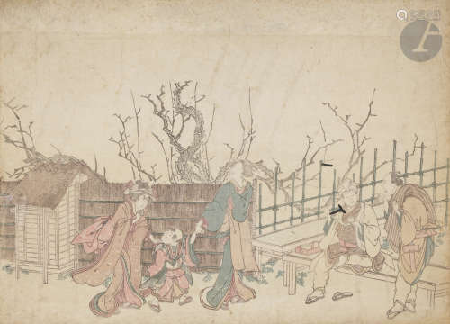 Oban yoko-e Deux femmes et un enfant rejoignant des hommes sur une terrasse. (Trous, pliures,