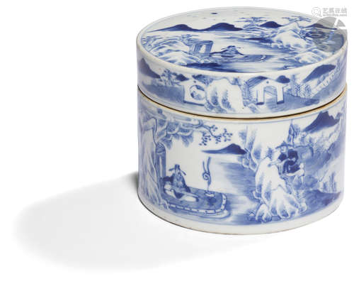 CHINE - Fin XIXe siècle Boîte ronde en porcelaine bleu blanc à décor d'un lettré et d'un pêcheur