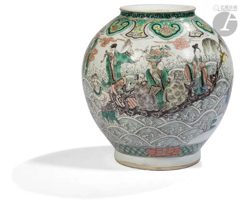 CHINE - XIXe siècle Pot en porcelaine émaillée polychrome dans le style de la famille verte à