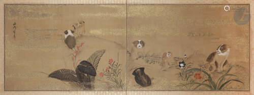 JAPON - Début XXe siècle Paravent à deux feuilles, encre et couleurs et paillettes d'or sur fond