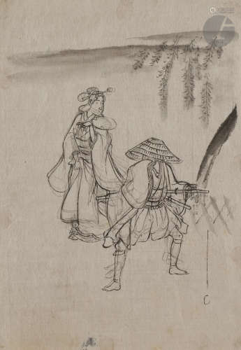 École japonaise - XIXe siècle Samouraï et jeune femme ; jeune femme avec une cuillère. Deux