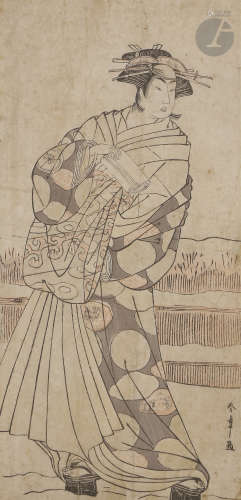 Katsukawa Shunsho (1726 - 1792) Hosoban tate-e, acteur de kabuki dans le rôle d'une femme dans la