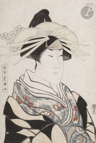 Toyokuni I (1769 -1825) Oban tate-e, oiran de profil, son kimono orné de fleurs et motifs