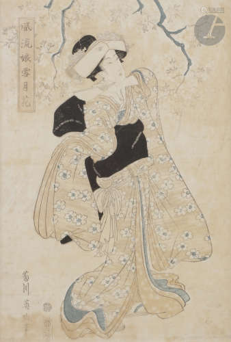 Kikukawa Eizan (1787 - 1867) Six oban tate-e représentant des oiran et leurs kamuro, l'une tenant un