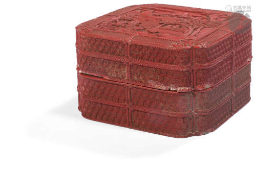 CHINE - Époque QIANLONG (1736 - 1795) Boîte de forme carrée à angles rentrants en laque rouge