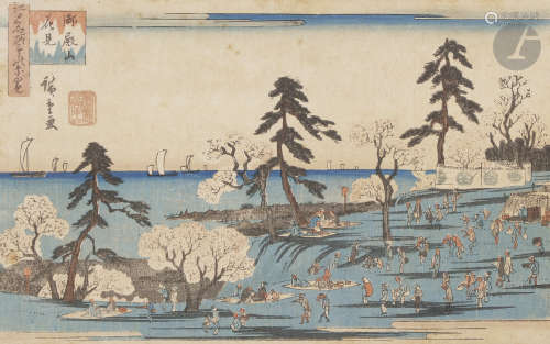Utagawa Hiroshige (1797 - 1858) Oban yoko-e de la série Edo meisho mitsu no nagame, Trois vues d'