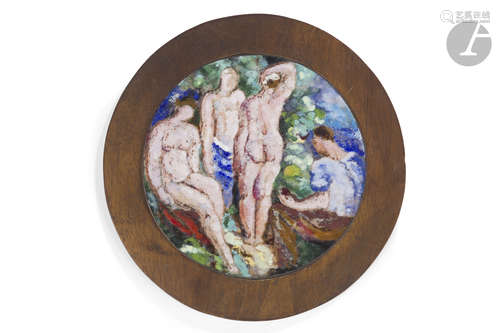 JEAN SERRIÈRE (1893-1968) Baigneuses Tondo. Émaux sur cuivre. Encadrement circulaire en bois d'