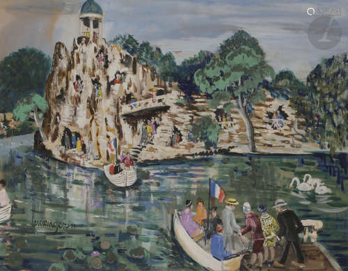 Lucien GENIN (1894-1953)Paris, le parc des Buttes-ChaumontGouache.Signée en bas à gauche.49 x 62,5