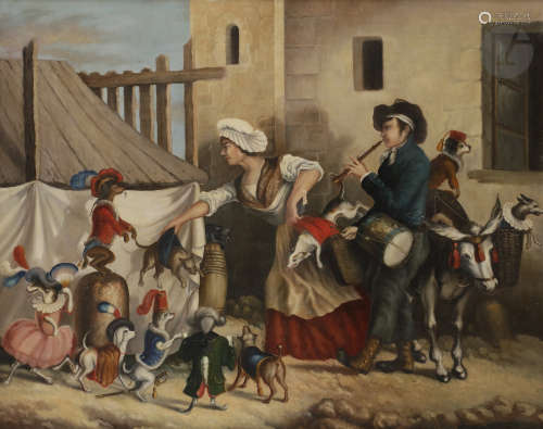 ÉCOLE du début du XIXe siècle Le Défilé caninHuile sur toile.Non signée.(Accident).59 x 75 cm