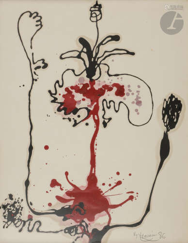 Michel MACRÉAU (1935-1995)Composition, 1986Huile sur papier.Signée et datée en bas à droite.54 x