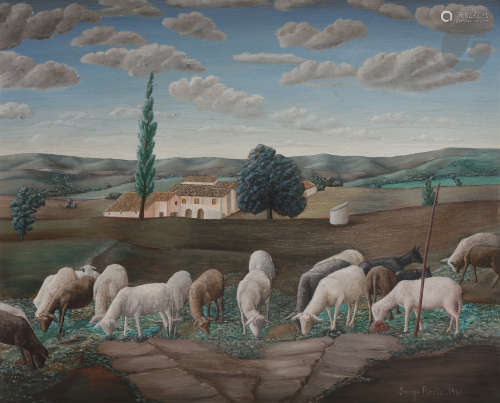 Serge FIORIO (1911-2011)Moutons devant le village, 1961Huile sur isorel.Signée et datée en bas à