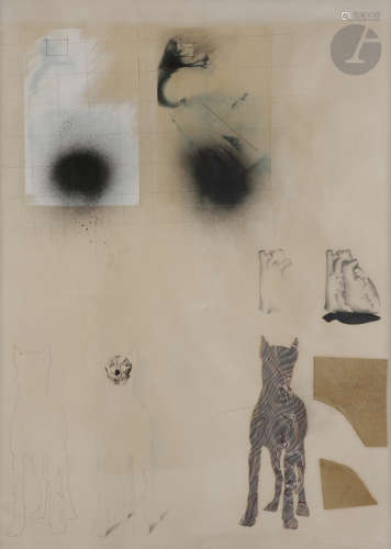 Joël KERMARREC (né en 1939)Composition n° 9, 1974Technique mixte et collage sur papier.Signée, datée