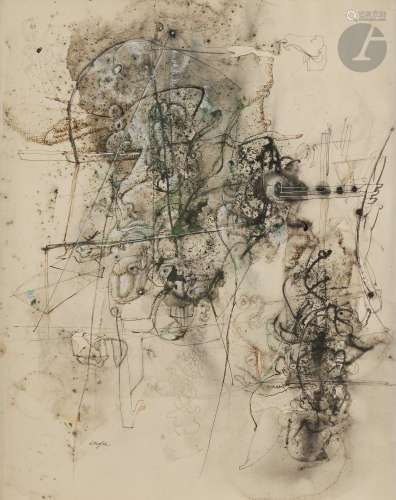 Christian D'ORGEIX (né en 1927)Composition, vers 1956Technique mixte sur papier.Signée en bas à