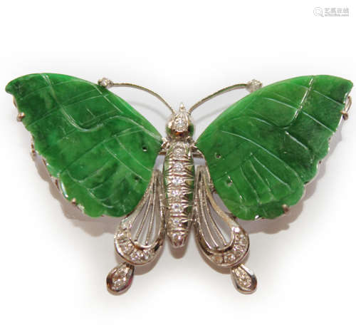 GIA: 18K WG Diamond & Green Jadeite Butterfly Brooch