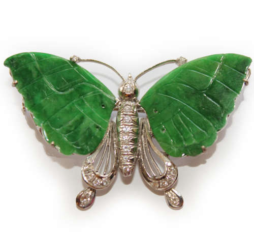 GIA: 18K WG Diamond & Green Jadeite Butterfly Brooch