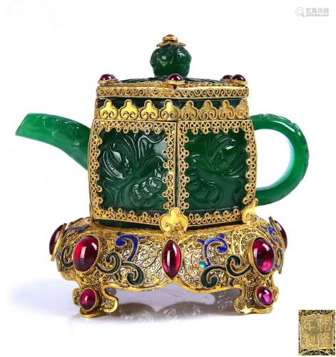 Gilt Silver Filigree Enameled Jadeite Teapot With Mark