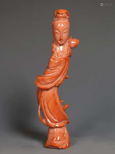 Chinese Carved Coral Guanyin Figure
